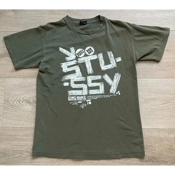 Stussy Y2K Streetwear Men's Graphic T-Shirt Green White Grand Master Scratch M - Picture 1 of 11